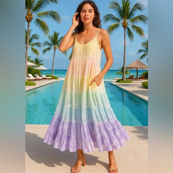 Storia Pastel Tie-Dye Tiered Maxi Dress NWT Medium | Resort Boho Flowing - Picture 1 of 13